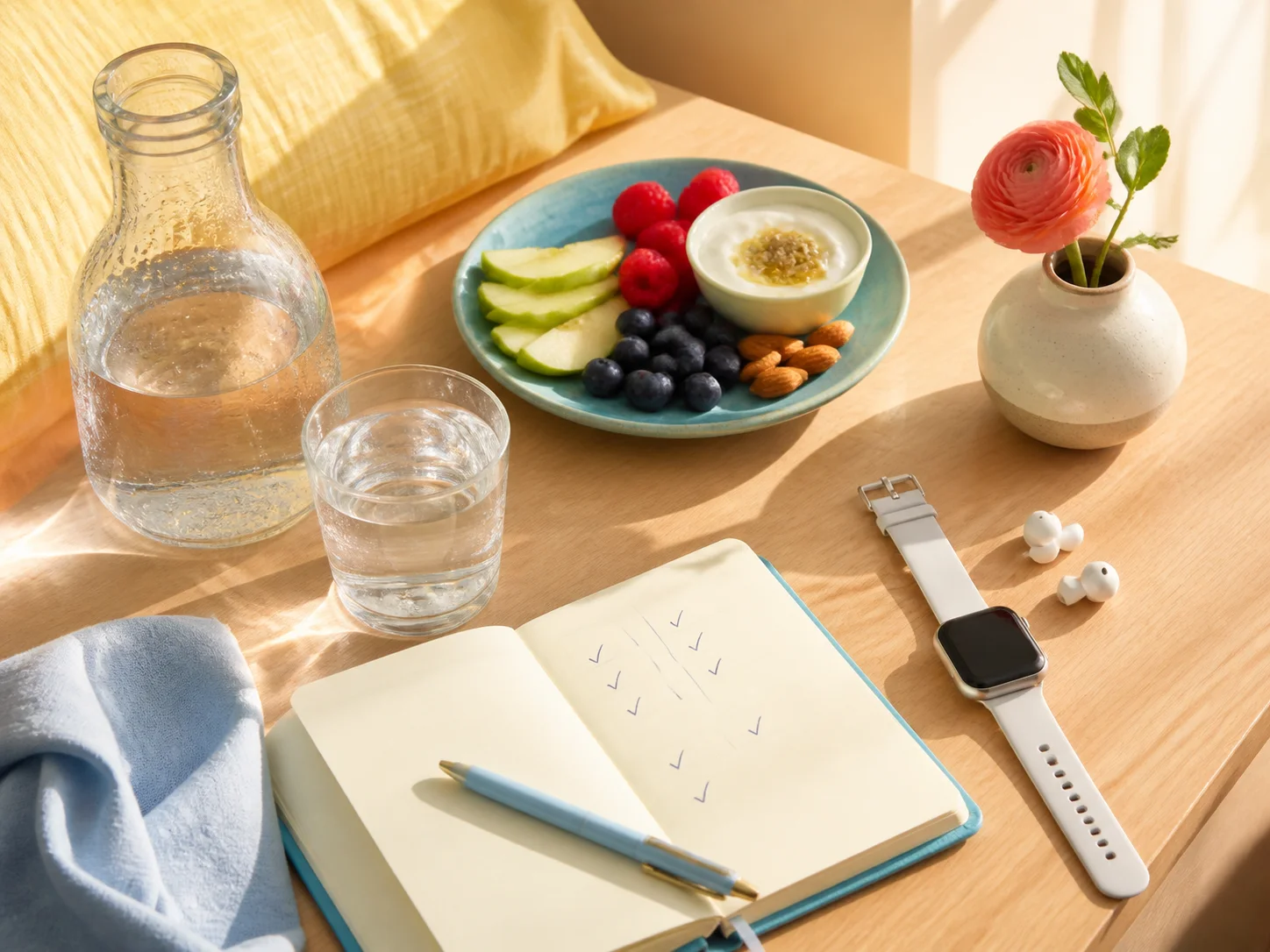 A bright table with water, fruit, a habit journal and a blank smartwatch