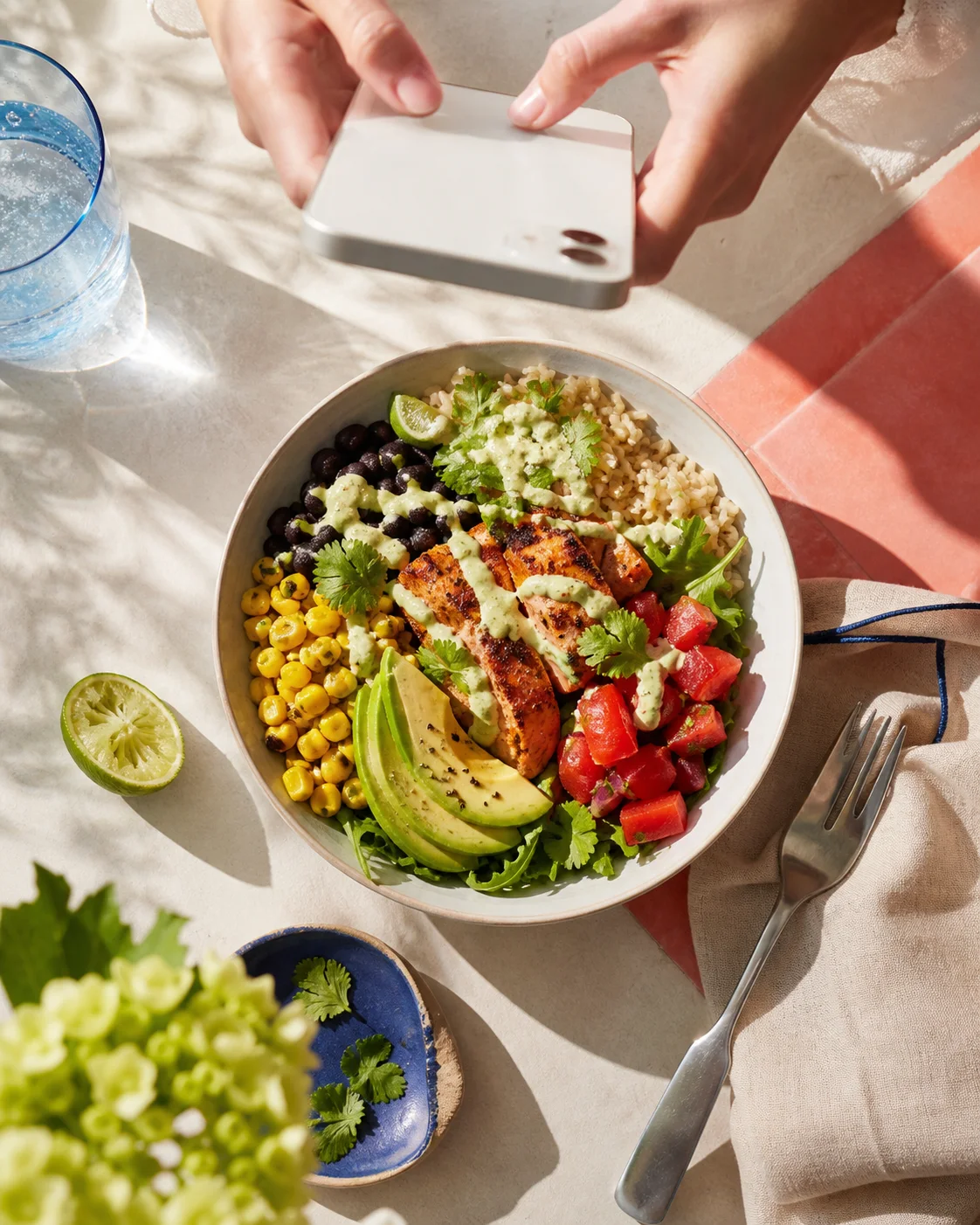 A colorful balanced lunch being photographed from above