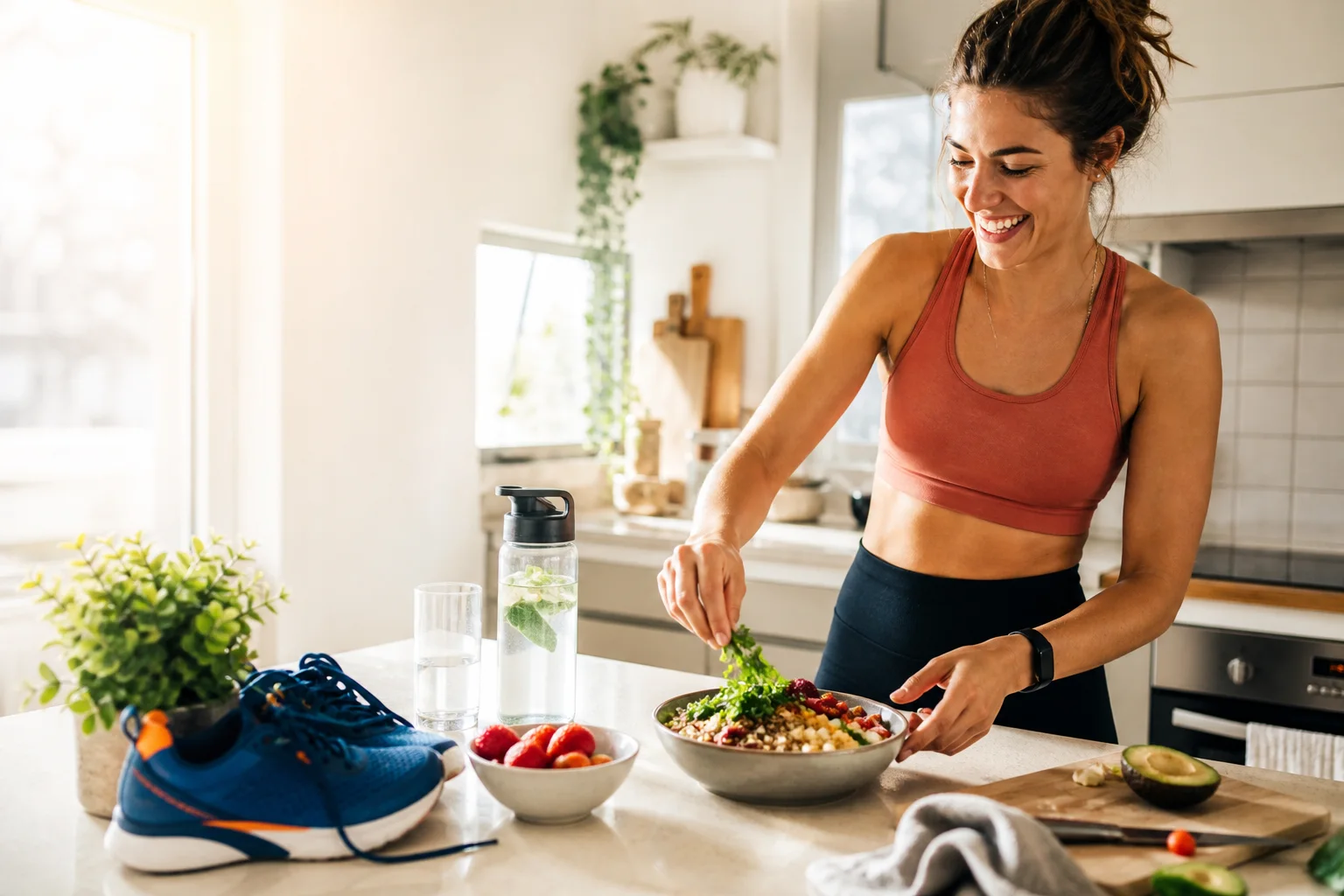 A woman preparing a fresh meal after a run in a bright kitchen